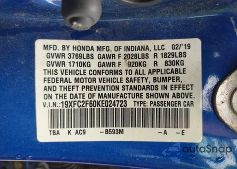 2019 Honda Civic Lx z USA, uszkodzony, nr VIN 19XFC2F60KE024723